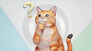 Thinking Cat with Question Mark, Low Poly Design, Orange Tabby