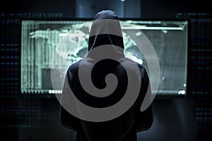 Illustration of threat actor attempted to launch a cyber attack. Anonymous hacker in data center. Implanted malware and ransomware