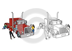 The illustration of three beautiful women washing a semi-trailer truck
