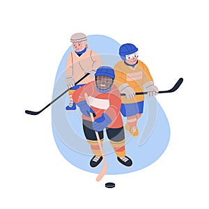 Illustration with three boys playing ice hockey game