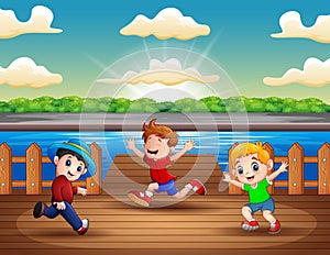 Illustration of three boys running at the port