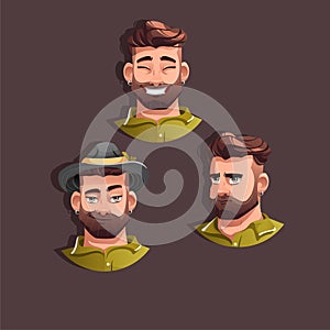 Illustration of three brutal bearded men with different emotions: smile, seriousness, laughter