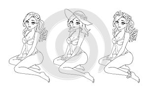 Illustration of three different girls, sitting and wearing swimsuits