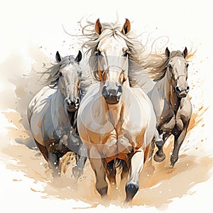 Illustration of three galloping horses, capturing dynamic movement. AI generation