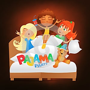 Illustration of three girls having pajama slumber party