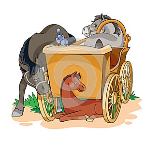 Illustration of three horses, one of which is harnessed to a cart, the second looks under the cart at a foal, cartoon illustration