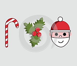 Illustration of three icons or symbols of Christmas Season.  Red and white candy cane, holly christmas and Santa Claus head