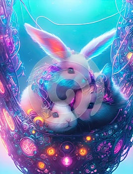 Illustration of three little rabbits in cosmic nest from fairytail. Symbol of holiday. Generative AI