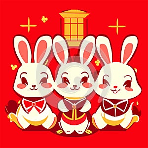 Illustration of three little white rabbits on red background for Chinese New Year Generative AI