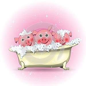 Illustration Three Merry Pigs in the Bathroom