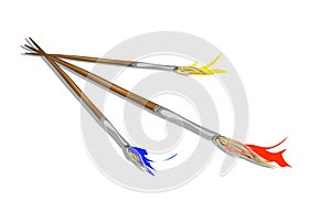 illustration of three paint brushes with red, blue and yellow at the tip of the brush bristles