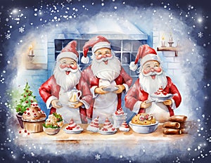 Illustration of three Santa helpers laughing about to eat delicious desserts