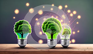 Illustration of three trees which growing through three light bulbs. Eco concept. Generative AI.