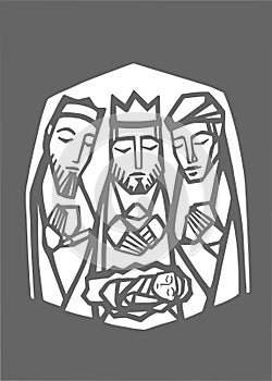 Illustration of the three wise men and baby Jesus Christ