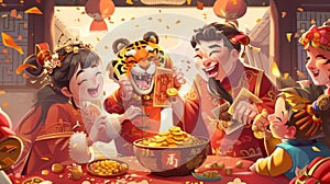 An illustration of a tiger biting a gold coin and parents giving lucky money to kids are on the card. The couplet on the