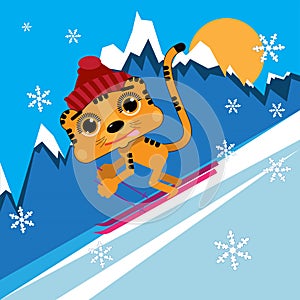 Illustration of a Tiger on Mountain Skiing