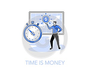 Illustration of time is money symbol with a stopwatch and manager holding a dollar coin