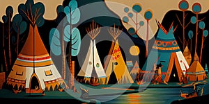 Illustration of a tipi village in an abstract style