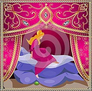 Illustration  fairy tale princess and a pea with a bed and a girl