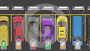 illustration top view flat color car vehicle with battery E.V. status icon charging station