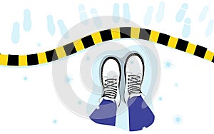 Illustration of top view of legs, boots on snow, stripe, footprints. Psychological concept of isolation, protection virus,