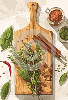 Illustration with top view of set of herbs and spices on wooden cutting board