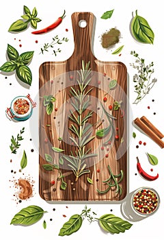 Illustration with top view of set of herbs and spices on wooden cutting board