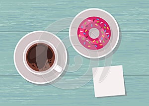 Illustration of top view table with cup of coffee, donut and blank note for text photo