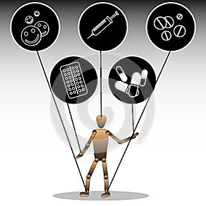 An illustration on the topic of dependence on pharmaceuticals. A puppet tied to icons with medical preparations. Vector