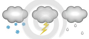 Illustration on the topic of weather precipitation 3D sun clouds with rain lightning snow on a white background with a shadow