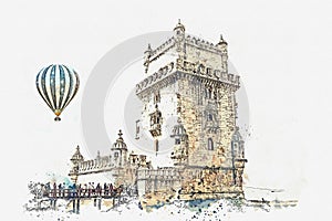 Illustration. Torre de Belem or the Belem Tower is one of the attractions of Lisbon.