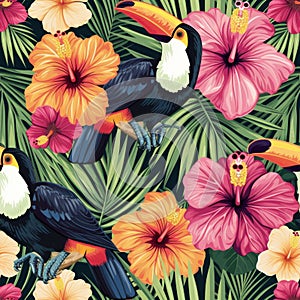 Illustration of Toucans with Tropical Flora on Dark Backdrop