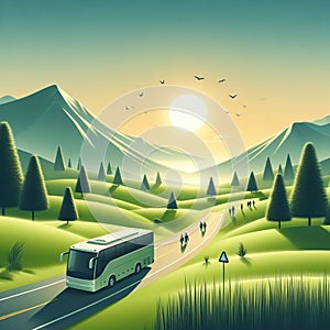 illustration of a tourist bus traveling amidst beautiful natural scenery 2