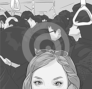 Illustration of tourist girl taking selfie photograph in crowded public transport