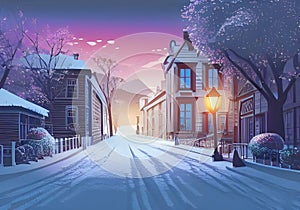 Illustration of a Town in the Snow in a Calm Winter Scene with Cute Houses and Trees ?