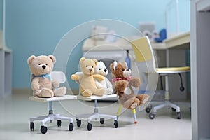 illustration, toy animals sitting on a chair in the hospital, ai generative