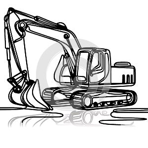 An illustration of a tracked excavator featuring a long-arm and bucket, presented in a monochrome sketch.