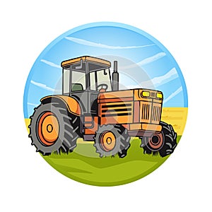 Illustration of a Tractor in agricultural field, farmers are working in farming land.