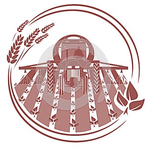 Illustration of a tractor with a sprayer working in a field. Stylized, monochrome, vector image