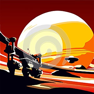 illustration of a tractor working in the field at sunset, vector illustration Generative AI