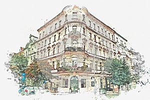 Illustration. Traditional ancient architecture in Prague.