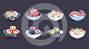 An illustration of traditional Asian food isolated on a black background. Hungry dumplings, octopus tentacles, and fish