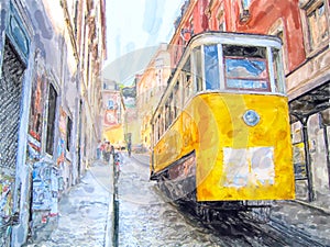 Illustration of traditional Funicular cable car names Ascensores de Lisboa in portugal capital Lisbon photo