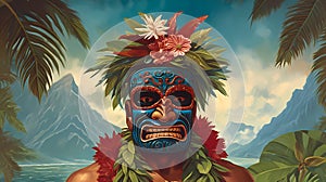 Illustration of a traditional Hawaiian mask, Hawaii, USA