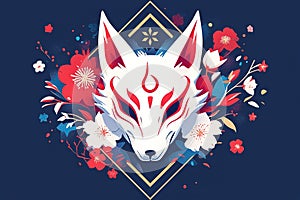 illustration of traditional japanese fox kitsune mask in flowers on blue background