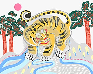 Illustration of traditional Korean painting of decorative tiger with trees and sun photo
