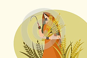 Traditionally dressed Indian woman holding harvested wheat and sickle in her hand photo