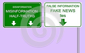 Illustration of traffic symbol. Disinformation, half-truths and misinformation in Road signs. False information.