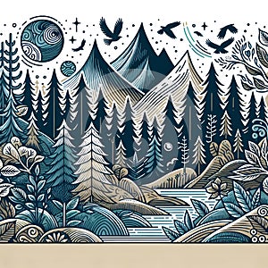 Illustration of Tranquil Nature: Whimsical Forests and Mountains eps 4