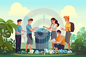 Illustration of trash collecting campaign for clean environment. Generative AI